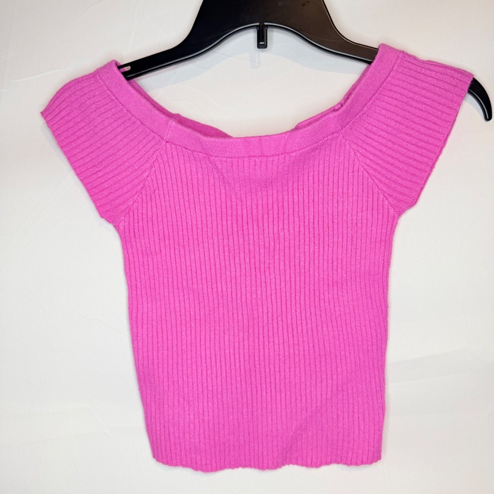 Full Tilt Women Pink Ribbed Knit Off Shoulder Crop Top Short Sleeve Small
